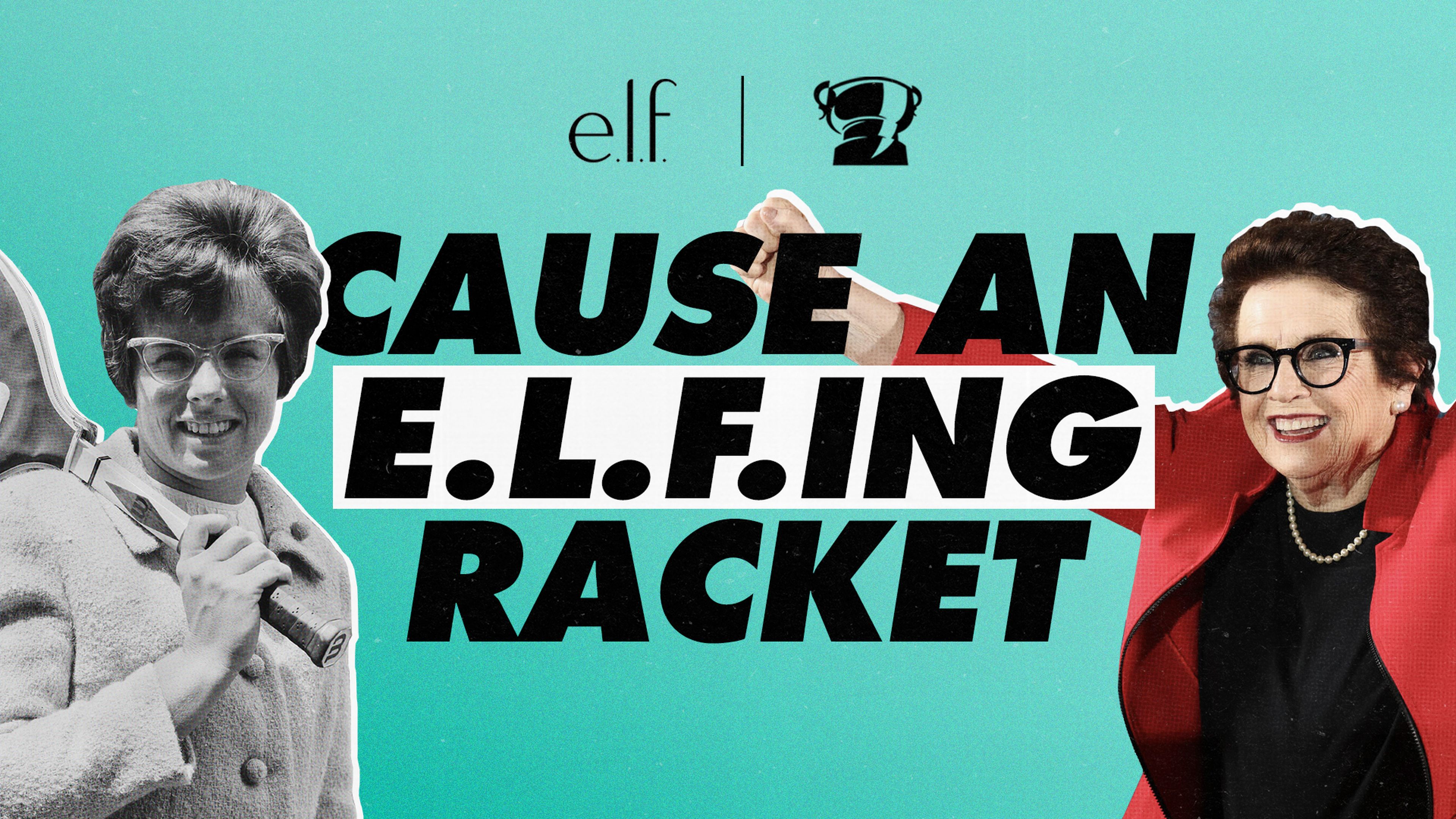 an older and recent photo of billie jean king side by side overlaid with text reading cause an elfing racket